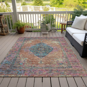 HomeRoots 5' Vibrant Orange and Teal Medallion Washable Area Rug for Indoor/Outdoor High-Traffic Spaces 629372