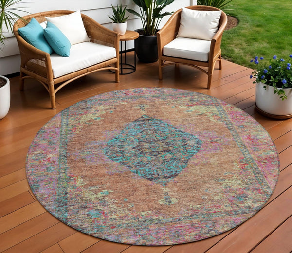 HomeRoots 8' Stunning Orange and Teal Round Medallion Rug - Washable, Durable, Perfect for Indoor/Outdoor Spaces 629373