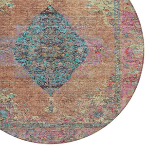 HomeRoots 8' Stunning Orange and Teal Round Medallion Rug - Washable, Durable, Perfect for Indoor/Outdoor Spaces 629373