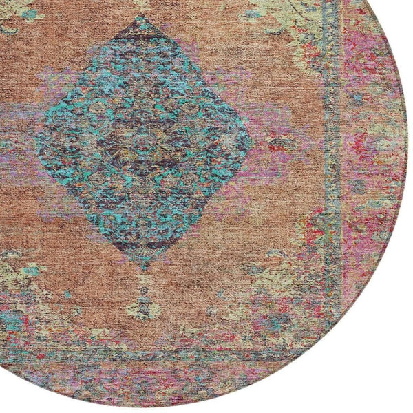 HomeRoots 8' Stunning Orange and Teal Round Medallion Rug - Washable, Durable, Perfect for Indoor/Outdoor Spaces 629373