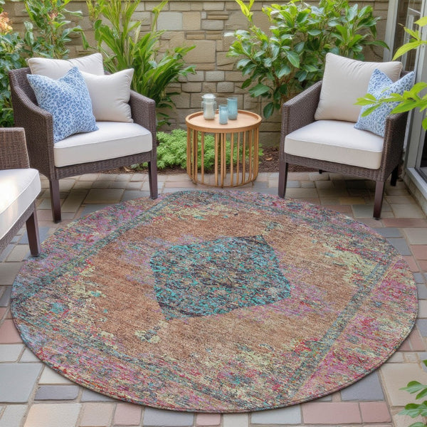HomeRoots 8' Stunning Orange and Teal Round Medallion Rug - Washable, Durable, Perfect for Indoor/Outdoor Spaces 629373