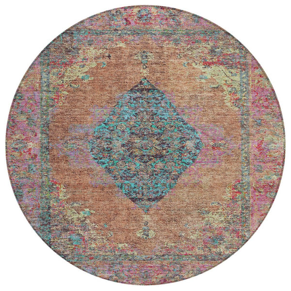 HomeRoots 8' Stunning Orange and Teal Round Medallion Rug - Washable, Durable, Perfect for Indoor/Outdoor Spaces 629373