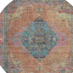 HomeRoots 8' Stunning Orange and Teal Round Medallion Rug - Washable, Durable, Perfect for Indoor/Outdoor Spaces 629373
