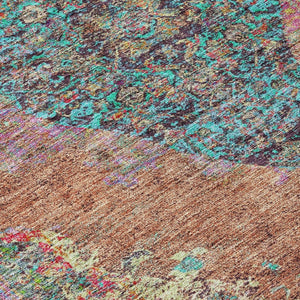 HomeRoots 8' Stunning Orange and Teal Round Medallion Rug - Washable, Durable, Perfect for Indoor/Outdoor Spaces 629373