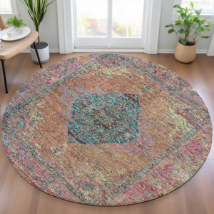 HomeRoots 8' Stunning Orange and Teal Round Medallion Rug - Washable, Durable, Perfect for Indoor/Outdoor Spaces 629373