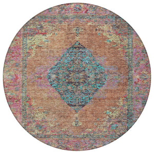 HomeRoots 8' Stunning Orange and Teal Round Medallion Rug - Washable, Durable, Perfect for Indoor/Outdoor Spaces 629373