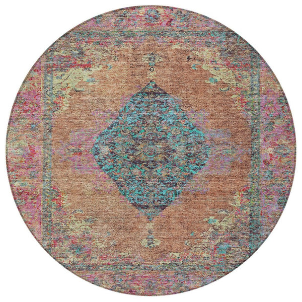 HomeRoots 8' Stunning Orange and Teal Round Medallion Rug - Washable, Durable, Perfect for Indoor/Outdoor Spaces 629373