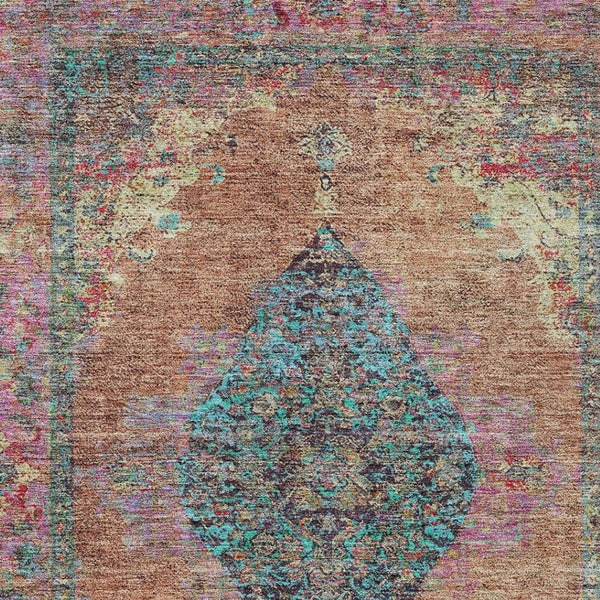 HomeRoots 9' X 12' Vibrant Orange and Teal Medallion Area Rug - Washable, Durable for Indoor & Outdoor Spaces! 629375