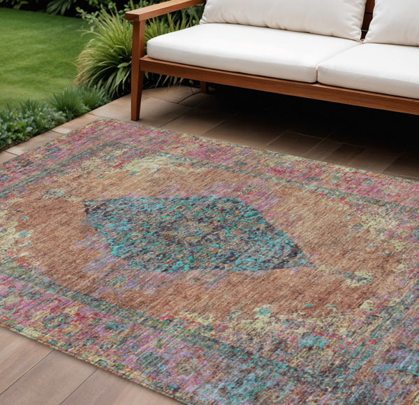 HomeRoots 10' Vibrant Orange and Teal Blue Medallion Washable Area Rug - Perfect for Indoor & Outdoor Use! 629376