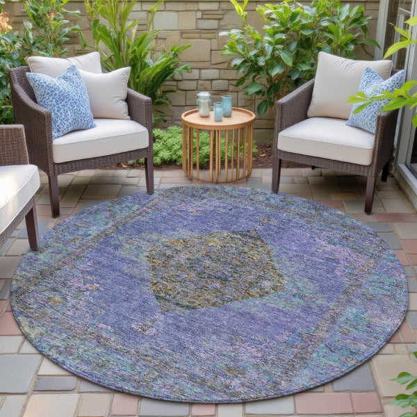 HomeRoots 8' Round Medallion Rug in Purple and Gold - Washable, Durable, Indoor/Outdoor Accent for Any Space 629379
