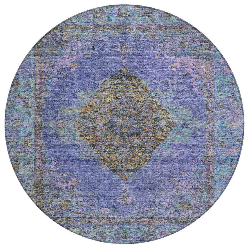 HomeRoots 8' Round Medallion Rug in Purple and Gold - Washable, Durable, Indoor/Outdoor Accent for Any Space 629379