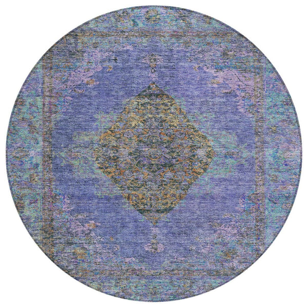 HomeRoots 8' Round Medallion Rug in Purple and Gold - Washable, Durable, Indoor/Outdoor Accent for Any Space 629379