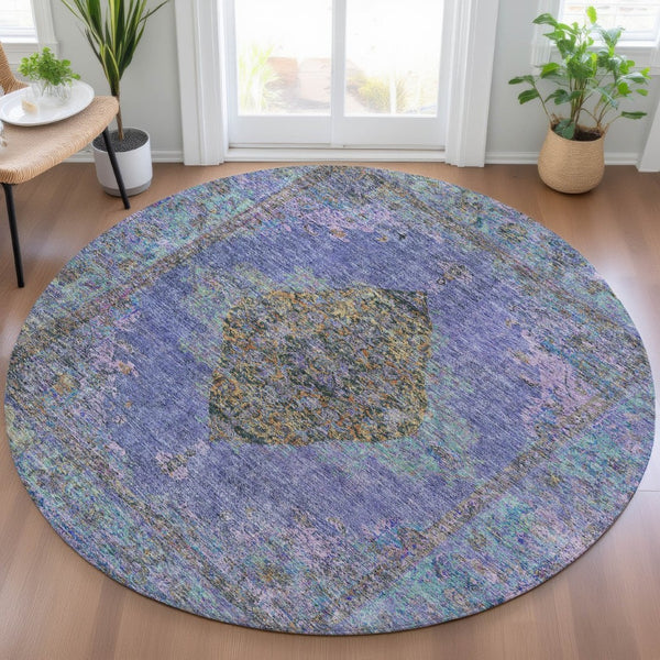 HomeRoots 8' Round Medallion Rug in Purple and Gold - Washable, Durable, Indoor/Outdoor Accent for Any Space 629379