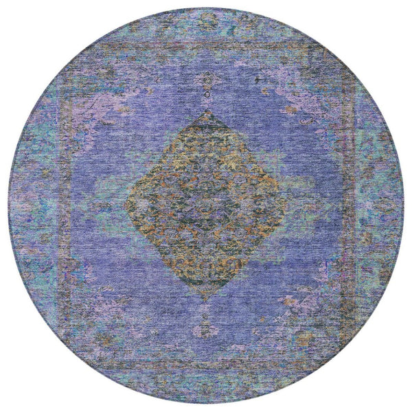 HomeRoots 8' Round Medallion Rug in Purple and Gold - Washable, Durable, Indoor/Outdoor Accent for Any Space 629379