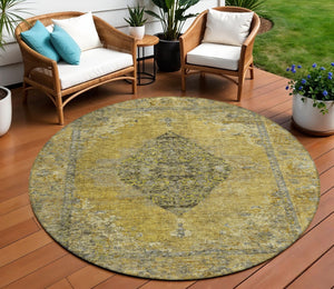 HomeRoots 8' Wheat and Gray Round Medallion Rug – Stylish, Washable, Durable for Indoor & Outdoor Spaces! 629385