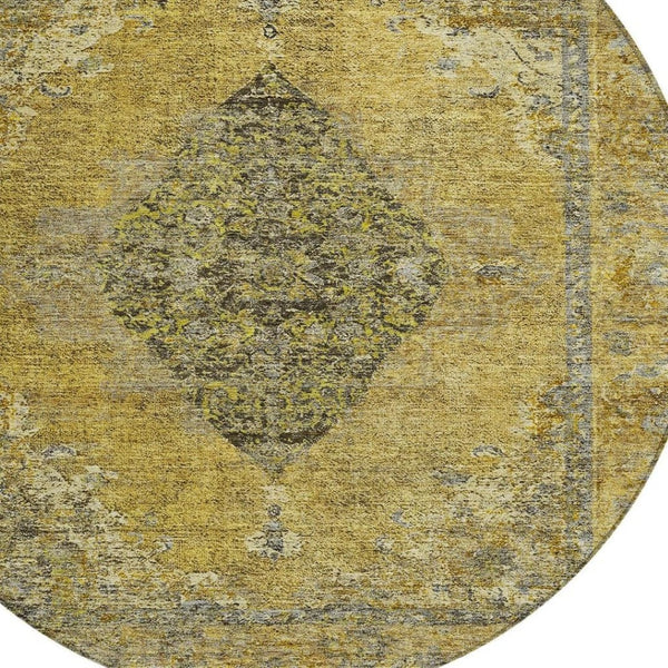 HomeRoots 8' Wheat and Gray Round Medallion Rug – Stylish, Washable, Durable for Indoor & Outdoor Spaces! 629385
