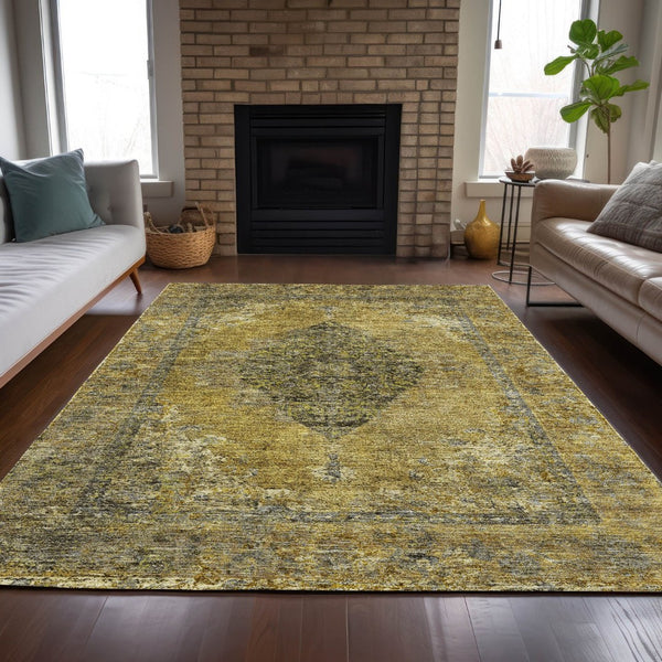 HomeRoots 9' X 12' Wheat and Gray Medallion Area Rug - Washable, Durable for Indoor/Outdoor Use, Stylish & Versatile 629387