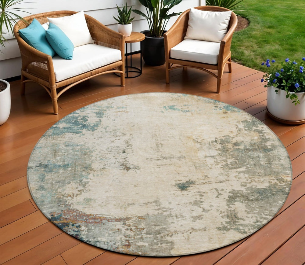 HomeRoots 8' Ivory and Taupe Round Abstract Washable Rug - Stylish, Durable, and Perfect for Indoor/Outdoor Use! 629391