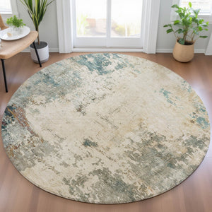 HomeRoots 8' Ivory and Taupe Round Abstract Washable Rug - Stylish, Durable, and Perfect for Indoor/Outdoor Use! 629391