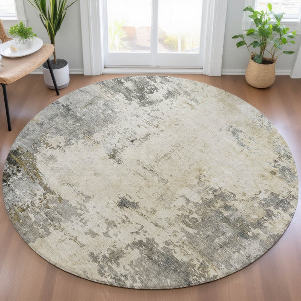 HomeRoots 8' Stylish Pewter and Ivory Round Abstract Area Rug - Washable, Durable, Perfect for Indoor or Outdoor Spaces 629397
