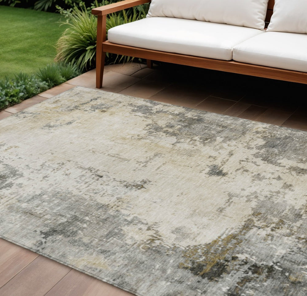 HomeRoots 9' X 12' Modern Pewter and Ivory Abstract Washable Area Rug for Indoor and Outdoor Living Spaces 629399