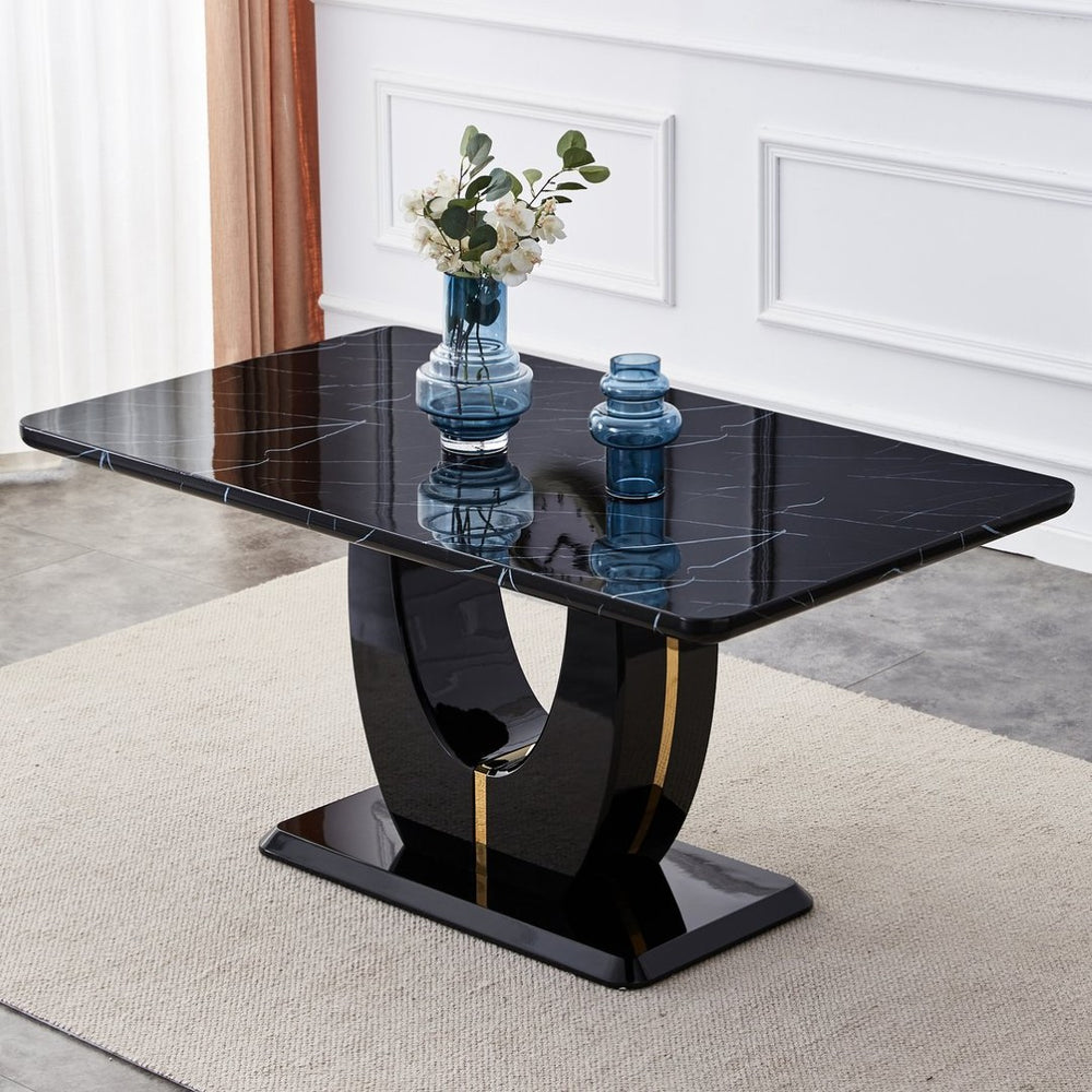 English Elm 63'' Faux Marble Mdf Rectangular Dining Table Modern Black Grain Multipurpose Desk W1151S04447