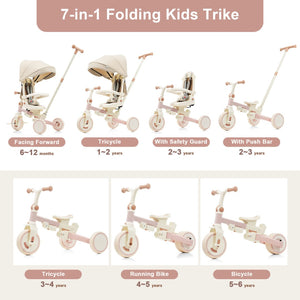 English Elm 7 in 1 Convertible Toddler Trike Aluminum Foldable Push Bike with Canopy for Ages 1 to 6 Pink N726P248345G