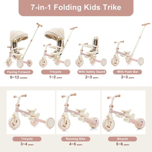 English Elm 7 in 1 Convertible Toddler Trike Aluminum Foldable Push Bike with Canopy for Ages 1 to 6 Pink N726P248345G