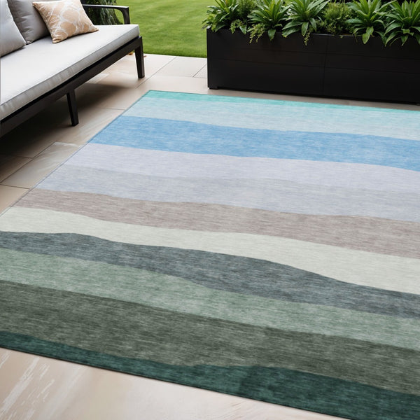 HomeRoots 5' Coastal-Inspired Striped Area Rug in Green, Blue & Gray - Washable for Indoor/Outdoor Use! 629402