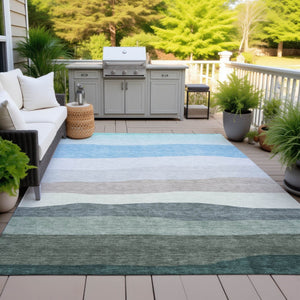 HomeRoots 5' Coastal-Inspired Striped Area Rug in Green, Blue & Gray - Washable for Indoor/Outdoor Use! 629402