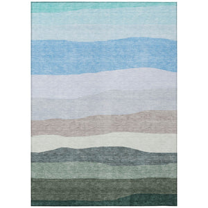HomeRoots 5' Coastal-Inspired Striped Area Rug in Green, Blue & Gray - Washable for Indoor/Outdoor Use! 629402
