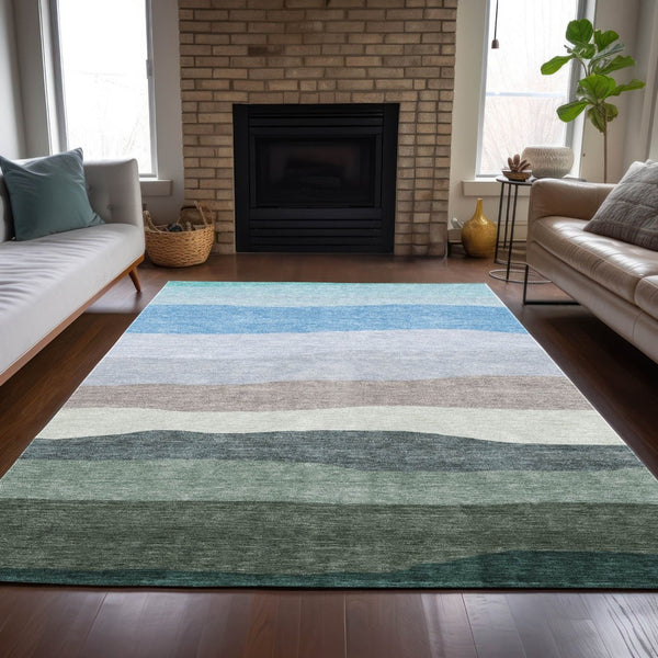 HomeRoots 5' Coastal-Inspired Striped Area Rug in Green, Blue & Gray - Washable for Indoor/Outdoor Use! 629402