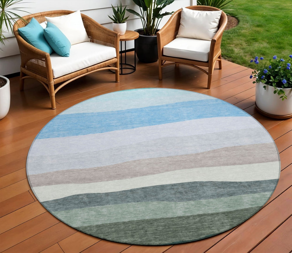 HomeRoots 8' Stylish Green, Blue & Gray Round Striped Washable Area Rug for Indoor & Outdoor Spaces 629403