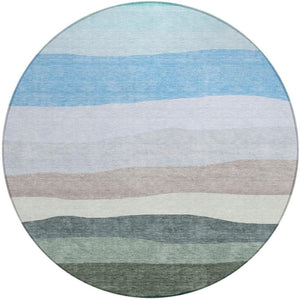 HomeRoots 8' Stylish Green, Blue & Gray Round Striped Washable Area Rug for Indoor & Outdoor Spaces 629403