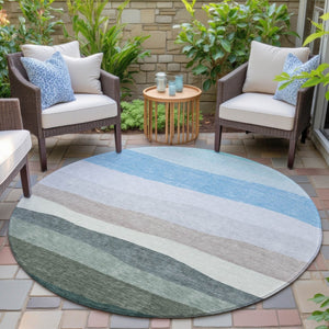 HomeRoots 8' Stylish Green, Blue & Gray Round Striped Washable Area Rug for Indoor & Outdoor Spaces 629403