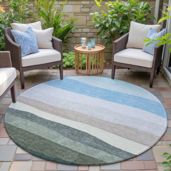 HomeRoots 8' Stylish Green, Blue & Gray Round Striped Washable Area Rug for Indoor & Outdoor Spaces 629403
