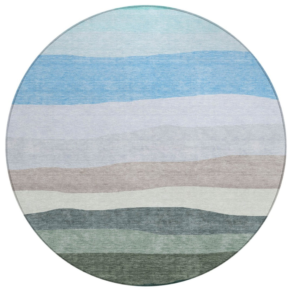 HomeRoots 8' Stylish Green, Blue & Gray Round Striped Washable Area Rug for Indoor & Outdoor Spaces 629403
