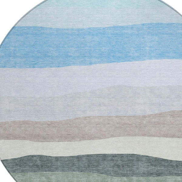 HomeRoots 8' Stylish Green, Blue & Gray Round Striped Washable Area Rug for Indoor & Outdoor Spaces 629403