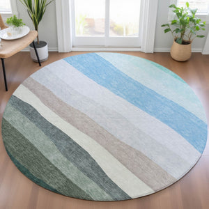HomeRoots 8' Stylish Green, Blue & Gray Round Striped Washable Area Rug for Indoor & Outdoor Spaces 629403