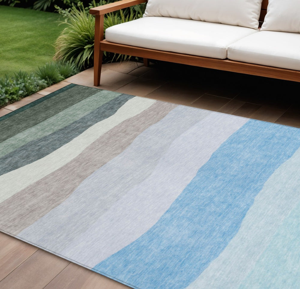 HomeRoots 8' Green Blue and Gray Striped Washable Area Rug - Perfect for Indoor and Outdoor Living Spaces! 629404