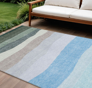 HomeRoots 9' Stylish Green Blue Gray Striped Washable Indoor Outdoor Area Rug - Durable, Easy Care, Versatile Design 629405