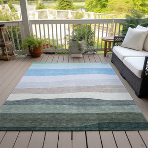 HomeRoots 9' Stylish Green Blue Gray Striped Washable Indoor Outdoor Area Rug - Durable, Easy Care, Versatile Design 629405