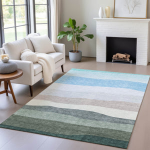 HomeRoots 10' Striped Indoor Outdoor Area Rug in Green, Blue & Gray - Durable, Washable, Versatile Décor Solution 629406