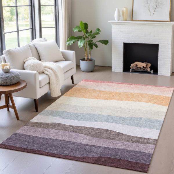 HomeRoots 8' X 10' Striped Washable Area Rug in Orange Blush & Lavender – Perfect for Indoor & Outdoor Use! 629410