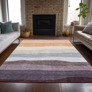 HomeRoots 9' X 12' Striped Washable Area Rug in Orange-Blush & Lavender - Indoor/Outdoor, Durable & Easy Clean 629411