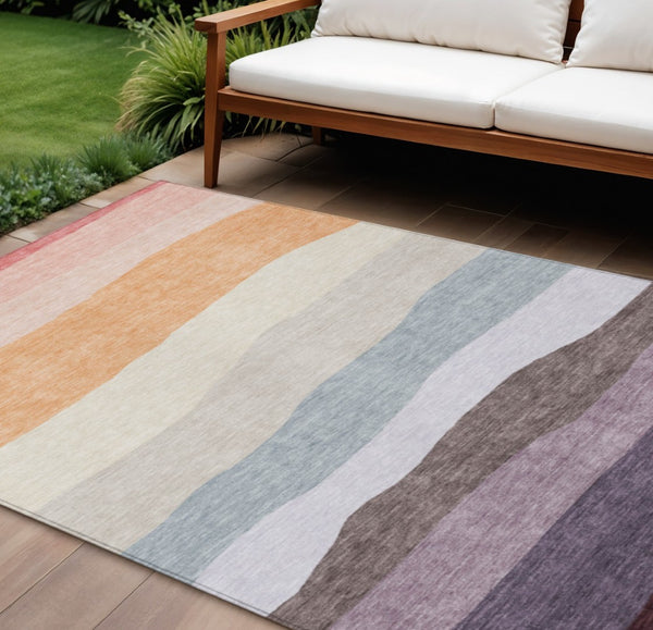 HomeRoots 10' X 14' Stylish Orange Blush & Lavender Striped Indoor/Outdoor Area Rug - Durable & Washable! 629412