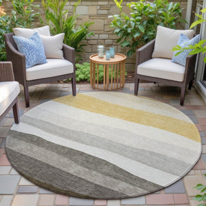 HomeRoots 8' Stylish Pewter Gold Ivory Round Washable Area Rug for Indoor & Outdoor High-Traffic Spaces 629415