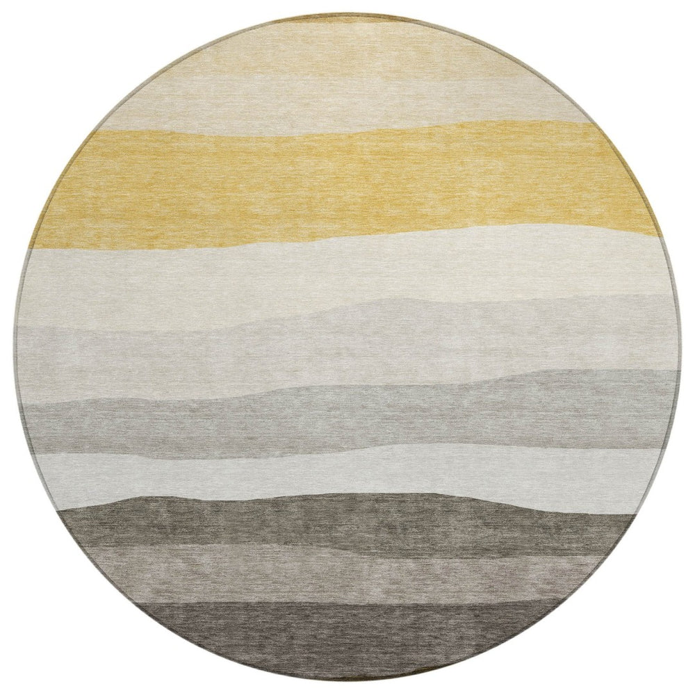 HomeRoots 8' Stylish Pewter Gold Ivory Round Washable Area Rug for Indoor & Outdoor High-Traffic Spaces 629415