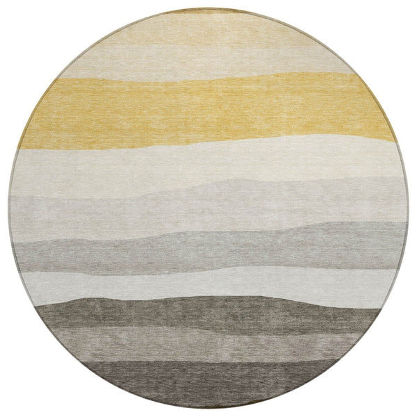 HomeRoots 8' Stylish Pewter Gold Ivory Round Washable Area Rug for Indoor & Outdoor High-Traffic Spaces 629415