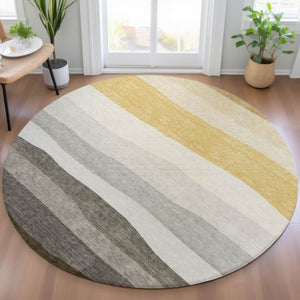 HomeRoots 8' Stylish Pewter Gold Ivory Round Washable Area Rug for Indoor & Outdoor High-Traffic Spaces 629415